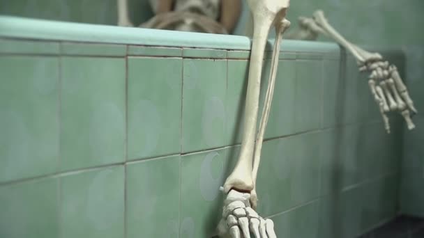 Skeleton is laying in the bath — Stock Video