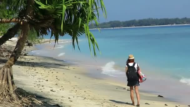 Chica caminando por la hermosa playa — Vídeos de Stock