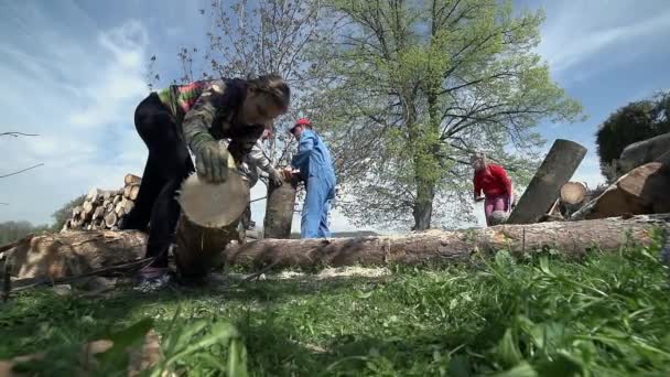 Junge Frau versucht schweren Baumstamm aufzuheben — Stockvideo