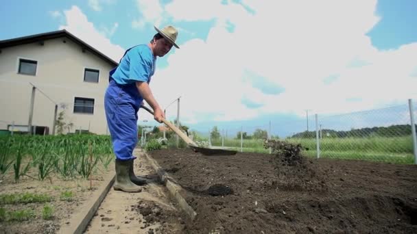 Agricultor virando o solo — Vídeo de Stock