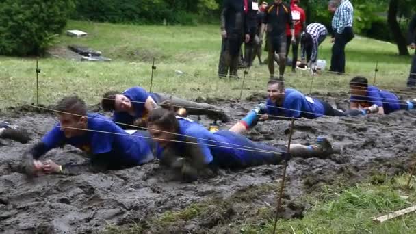 Teammates crawling through obstacle course — Stock Video