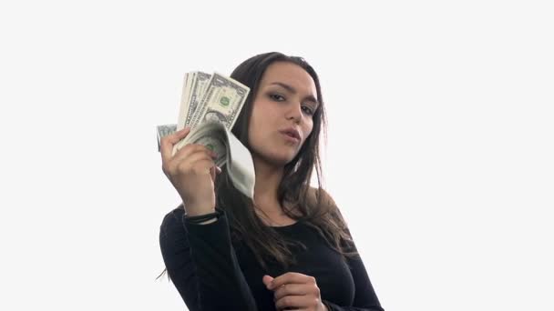Mujer provocando con paquete de dinero — Vídeo de stock