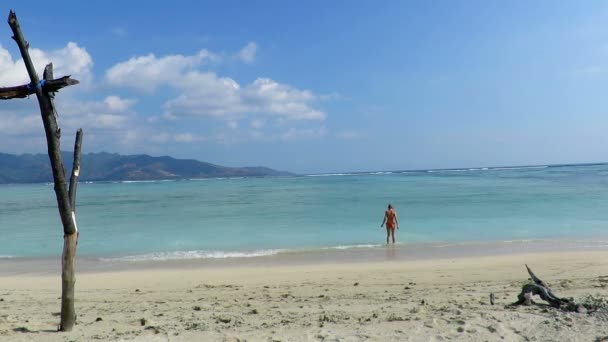 Mujer caminando en el mar en la playa — Vídeo de stock