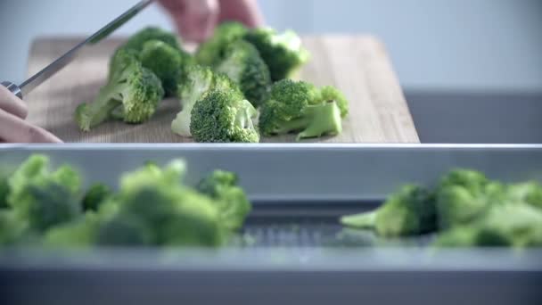 Kvinnan skiva upp broccoli — Stockvideo