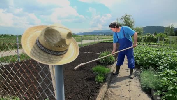 Jardinero usando para rastrillo de madera — Vídeos de Stock