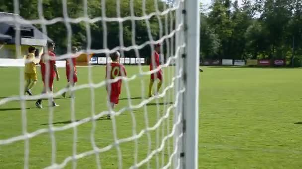 Adolescentes jugando al fútbol en el campo verde — Vídeos de Stock
