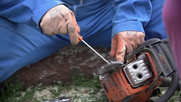 Cleaning chainsaw chain close up — Stock Video