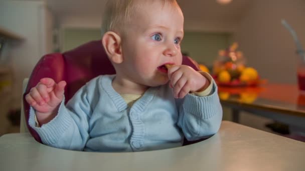 Barnet sitter i stolen och äta ett kex — Stockvideo