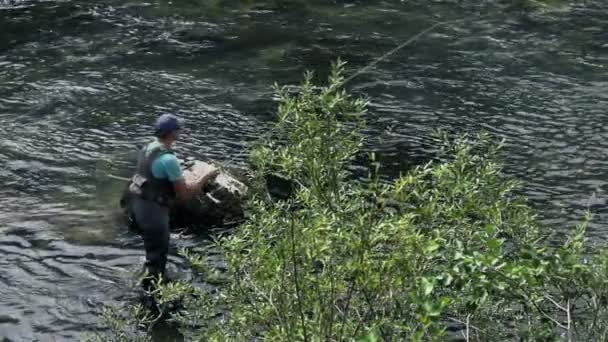 Fiskare står i en snabb flod — Stockvideo