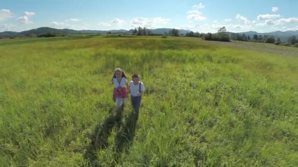 Niño y niña sonriendo y corriendo a la cámara — Vídeo de stock