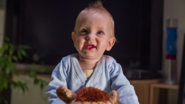 Niño feliz montar caballo de peluche — Vídeo de stock