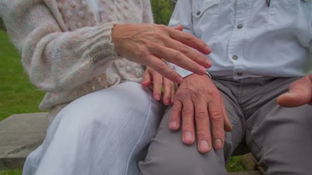 Närbild av äldre par går med händerna — Stockvideo