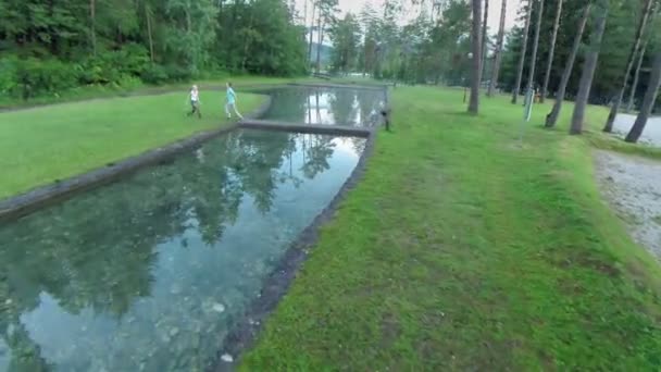 Couple romantique tenant la main et sautant sur l'herbe 