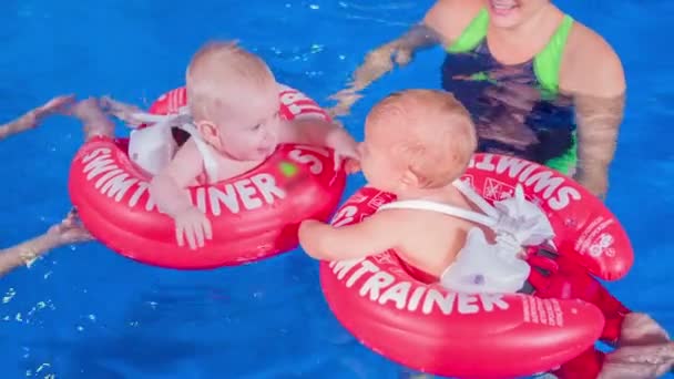 Chicos lindos interactuando en la piscina — Vídeos de Stock