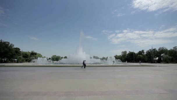 Fountain in park on opposite site of government house — Stock Video