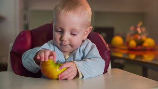 Child with half an apple in his hands — Stock Video