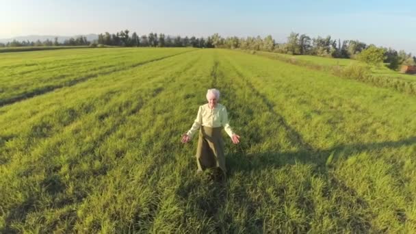 Stara kobieta powoli chodzić na pole — Wideo stockowe