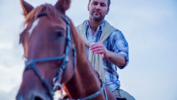 Homme caressant le cheval tout en étant assis dessus — Video