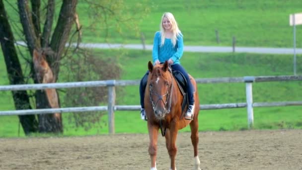 Femme chevauchant le cheval sur le ranch arrière-cour — Video