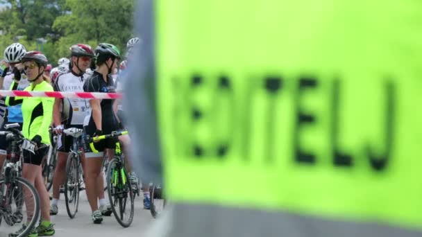 Bicycle group waiting on the start line — Stock Video