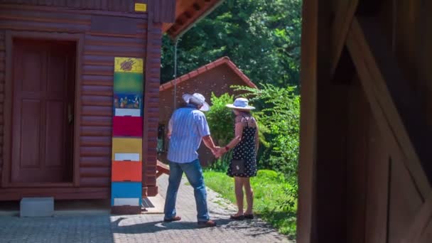 Couple is standing in front of apiary — Stock Video