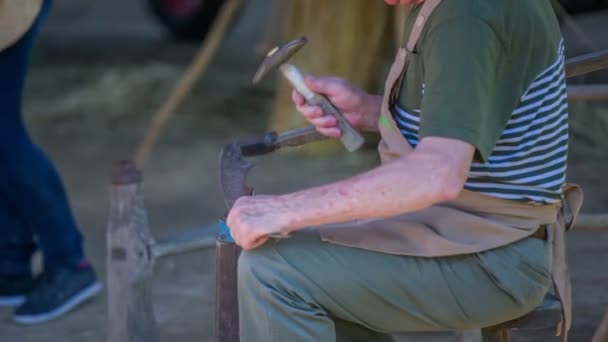 Old man is working with hammer — Stock Video