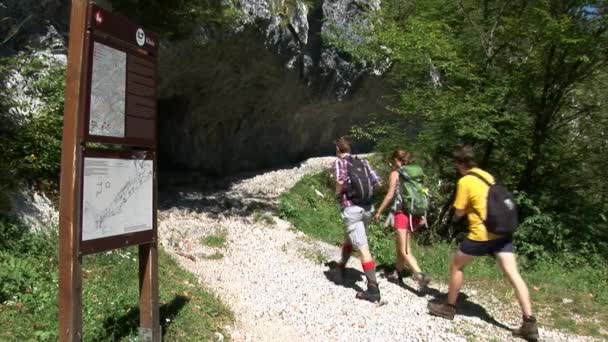 Tonåriga vänner är på en äventyrlig bergsbestigning remsa — Stockvideo