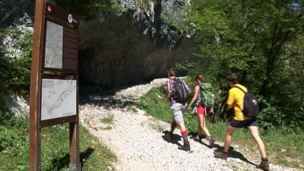 Jeugdvrienden is op een avontuurlijke alpinisme strip — Stockvideo