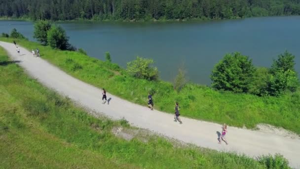 Несколько человек бегают по озеру — стоковое видео