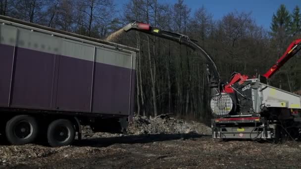 Заповнення вантажівки дерев'яними частинками — стокове відео