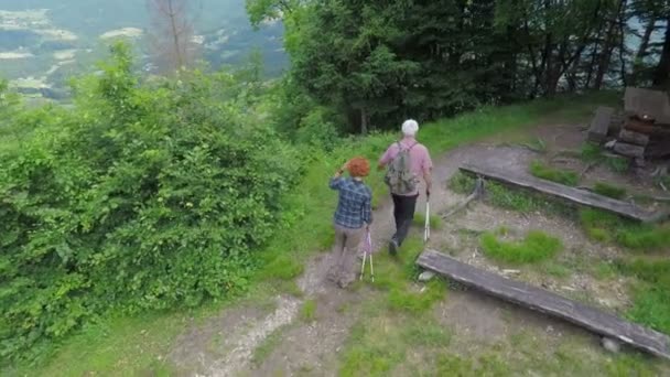 Twee oudere wandelaars zijn wandelen — Stockvideo