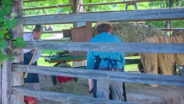 Trabajo tradicional bajo estante de heno de madera — Vídeo de stock