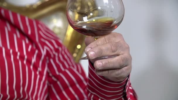 Mann im Hemd mit einem Glas Wein — Stockvideo