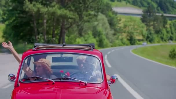 Пані в солом'яному капелюсі насолоджується їздою на машині — стокове відео