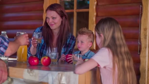 Familie drinken biologisch appelsap. — Stockvideo