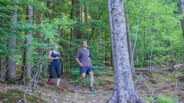 Hombre y mujer están corriendo en el bosque — Vídeos de Stock