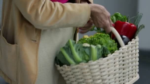 Woman walking up with groceryies — Stock Video