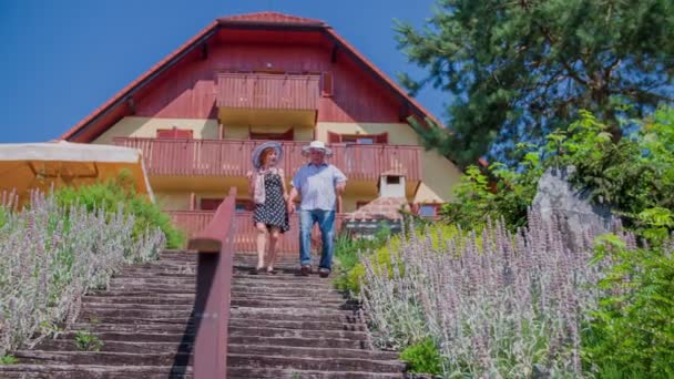 Una pareja mayor baja las escaleras — Vídeos de Stock