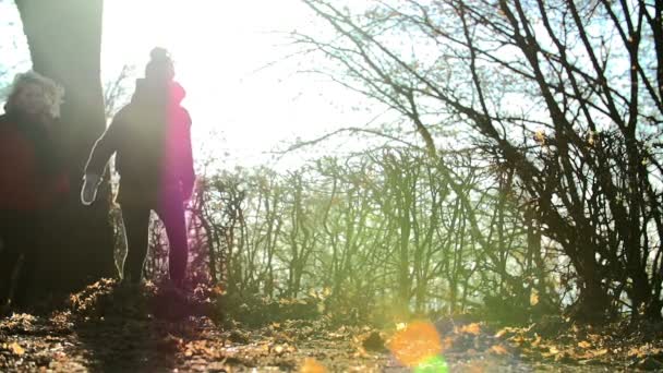 Jeunes femmes donnant des coups de pied feuilles — Video