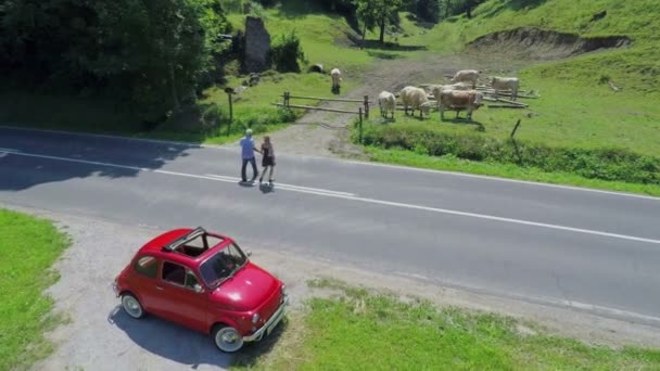 Bilen stannar och drar över på sidan av en väg — Stockvideo