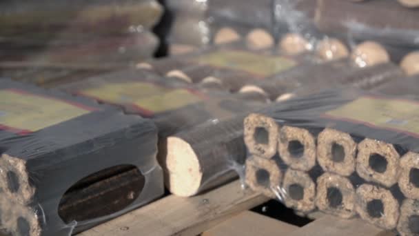 Lumps of packed wooden briquettes — Stock Video