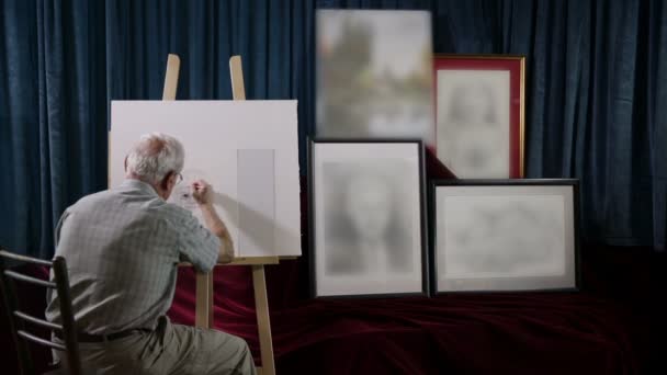 Pintor magistralmente desenhando seu neto — Vídeo de Stock