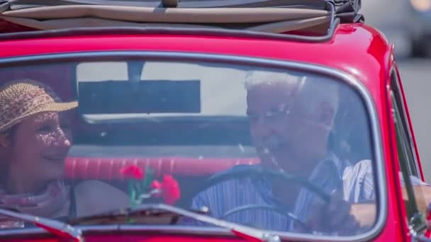 Una pareja mayor está disfrutando de la conversación en un viaje en coche — Vídeo de stock