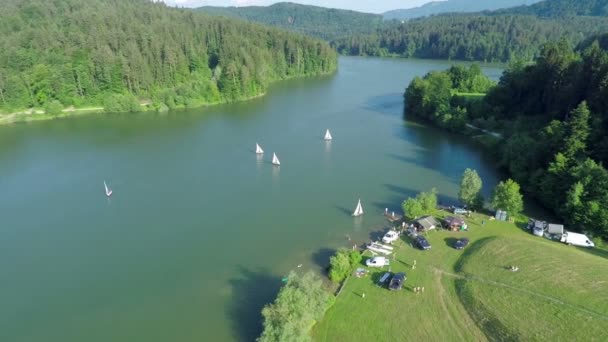 Veleiros estão navegando para as margens do lago — Vídeo de Stock