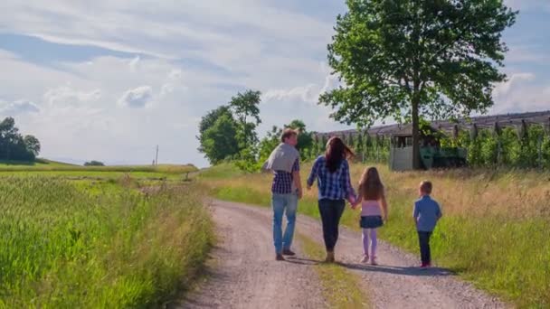 Familia de cuatro caminando en la naturaleza — Vídeos de Stock