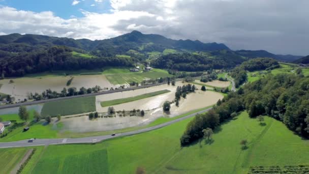 Vista paisagem com inundação em campos — Vídeo de Stock