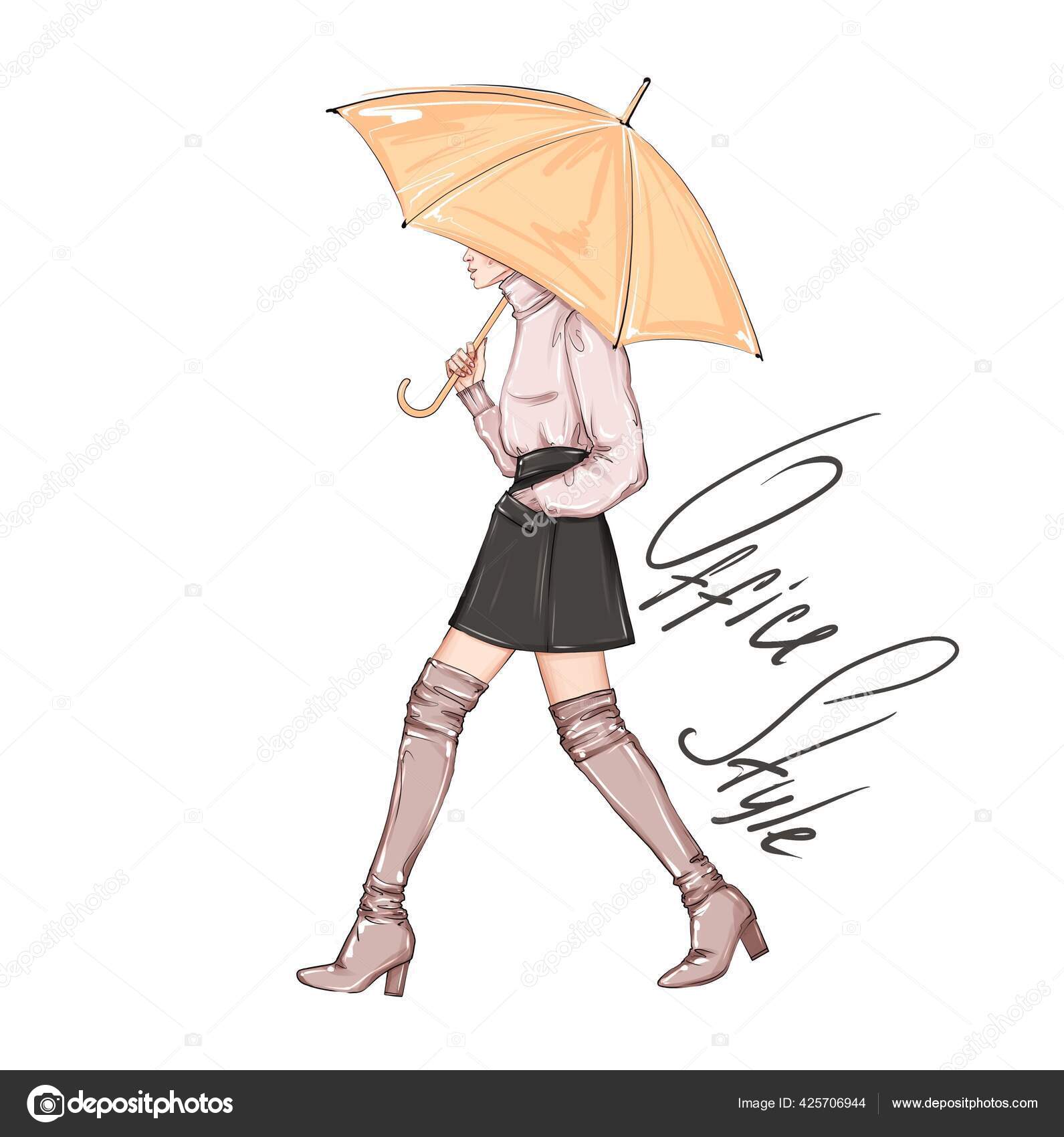 Little Girl & Umbrella Drawing - ReusableArt.com