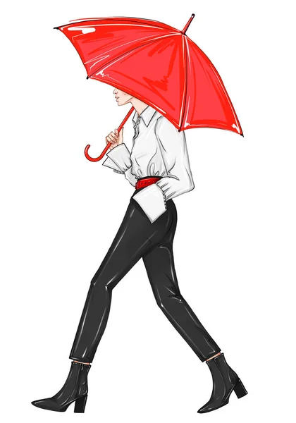 赤い傘で手描きのファッションスケッチの女の子 白い背景に傘を差した女性 赤ストラップ付きの黒と白のオフィススタイルの服 ホワイトブラウスオフィスファッションスタイルアート — ストック写真