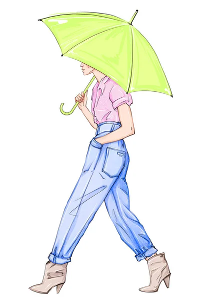 Handgezeichnete Modeskizze Mädchen Mit Regenschirm Frau Mit Regenschirm Tritt Auf — Stockfoto