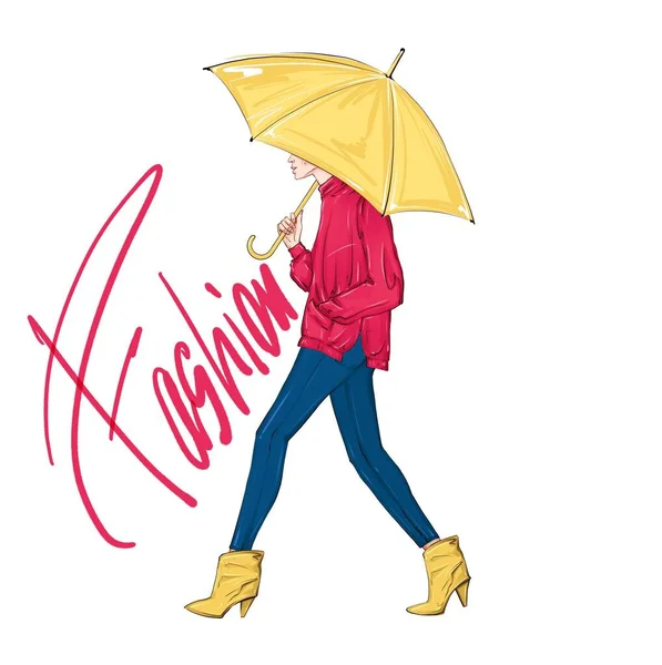 Esquisse Mode Dessinée Main Fille Avec Parapluie Jaune Look Mode — Photo